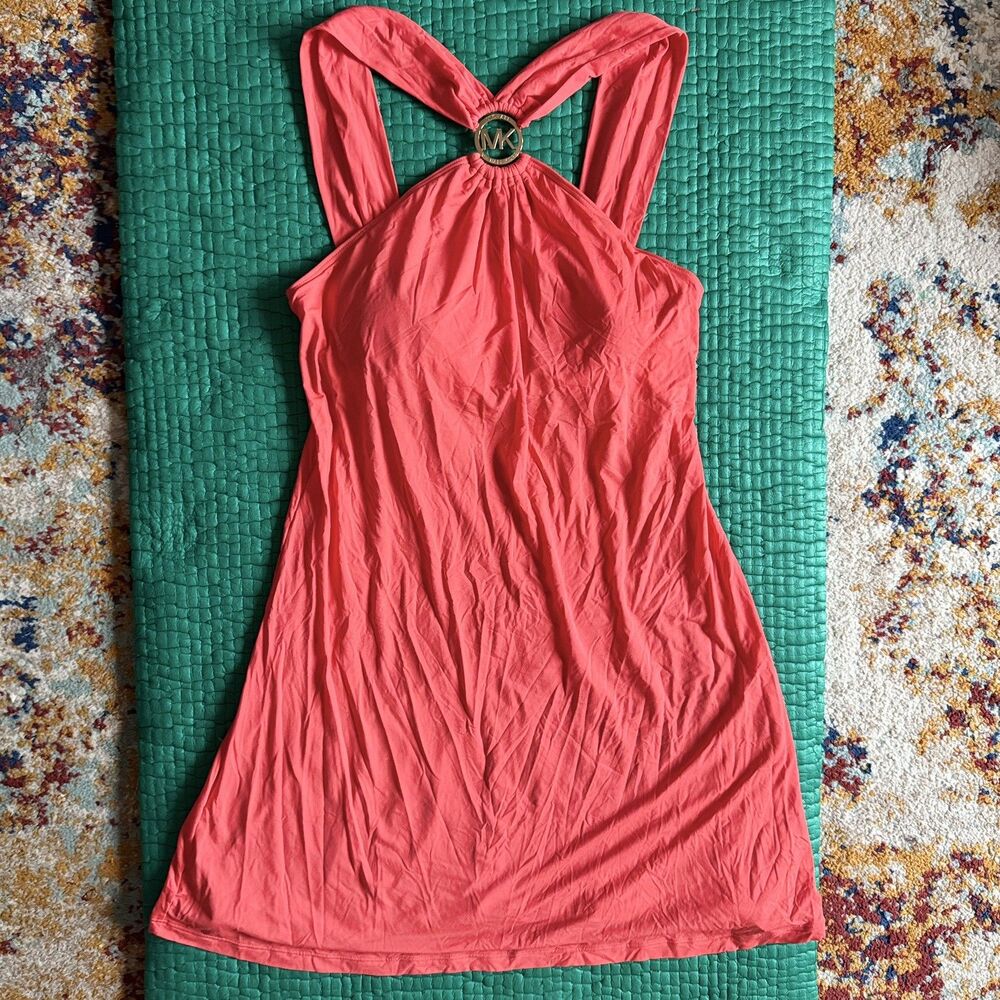 NEW Michael Kors Coral Swimsuit / Cover-up Or Summer Dress S Gold Logo Padded